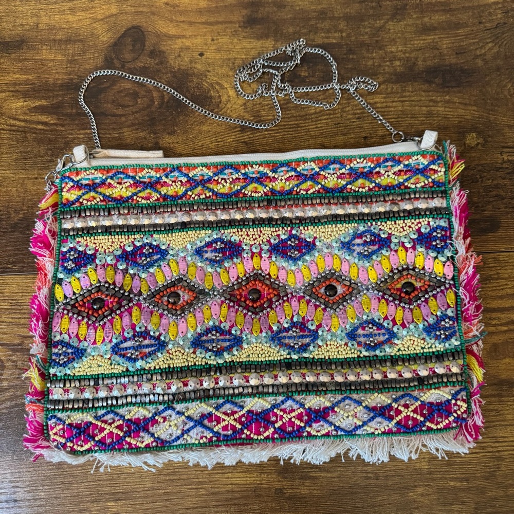 Muche Et Muchette Embroidered Beaded Crossbody Clutch‎ Multicolor Boho Fringe